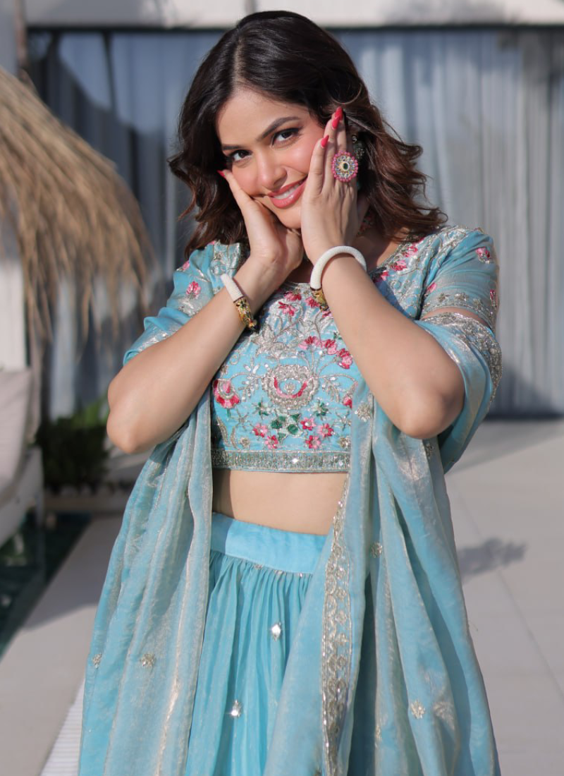 Fendi Silk Sky Blue Thread Embroidered Heavy Lehenga Choli Set