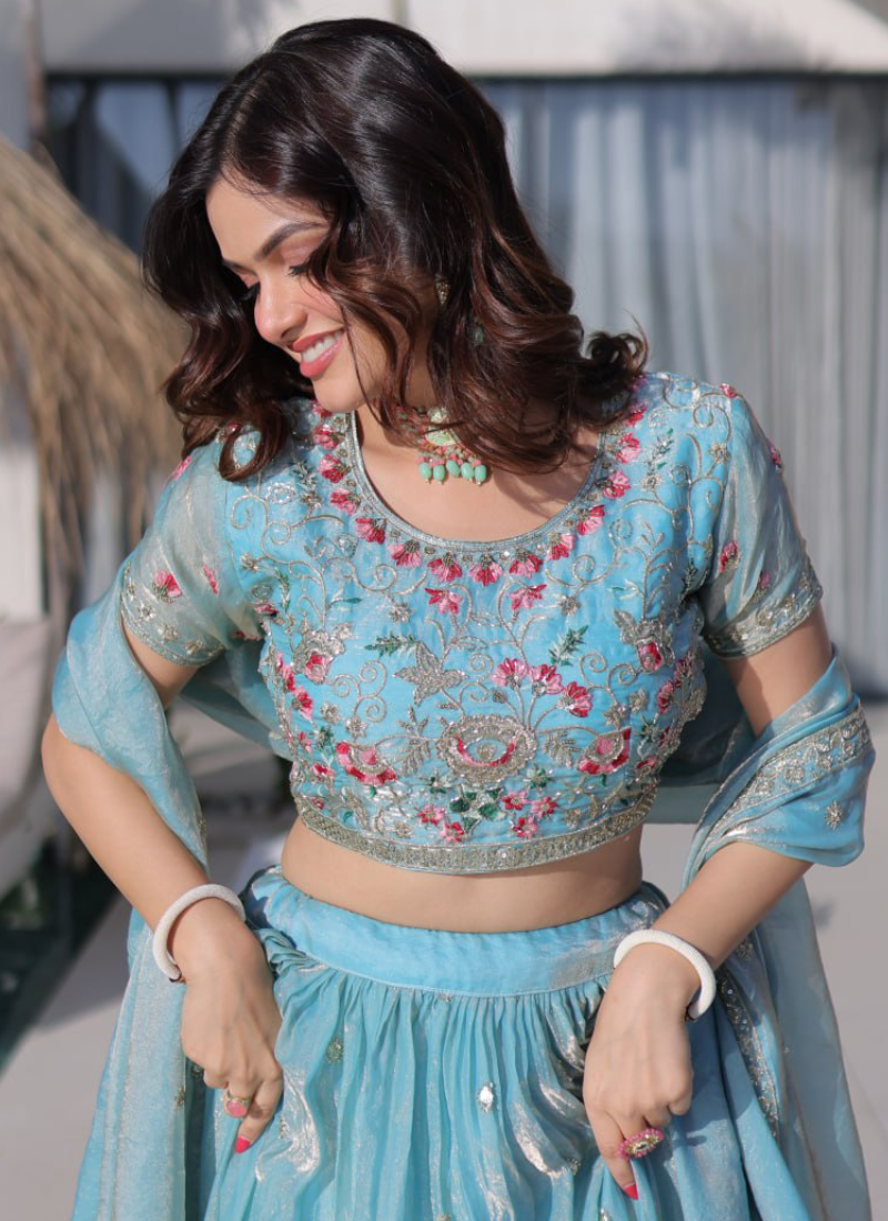 Fendi Silk Sky Blue Thread Embroidered Heavy Lehenga Choli Set