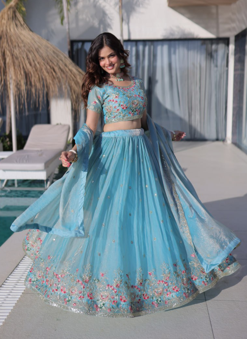 Fendi Silk Sky Blue Thread Embroidered Heavy Lehenga Choli Set