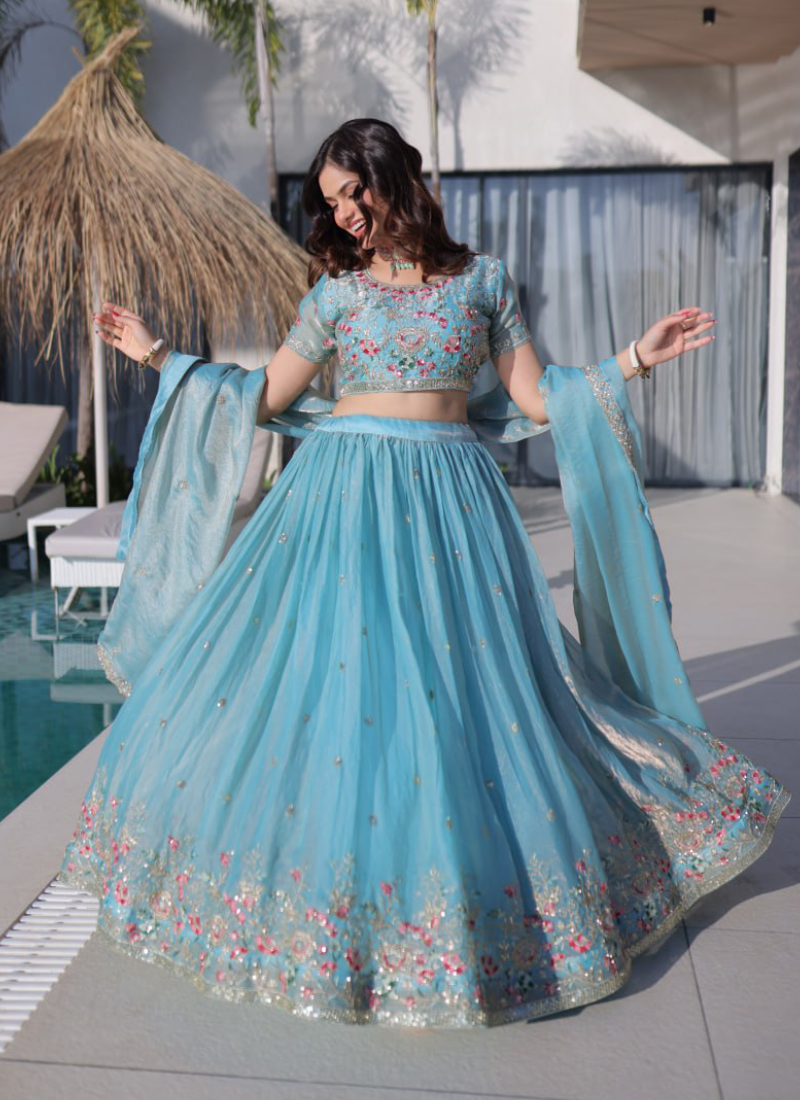 Fendi Silk Sky Blue Thread Embroidered Heavy Lehenga Choli Set