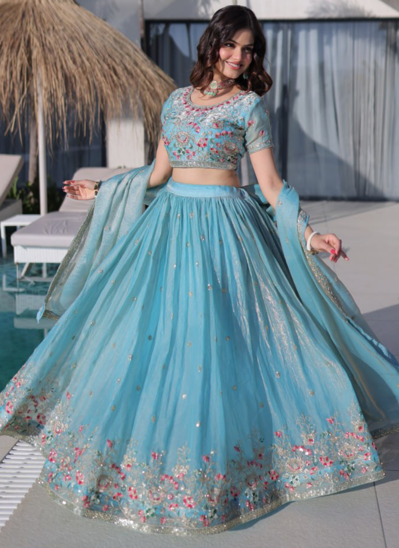 Fendi Silk Sky Blue Thread Embroidered Heavy Lehenga Choli Set