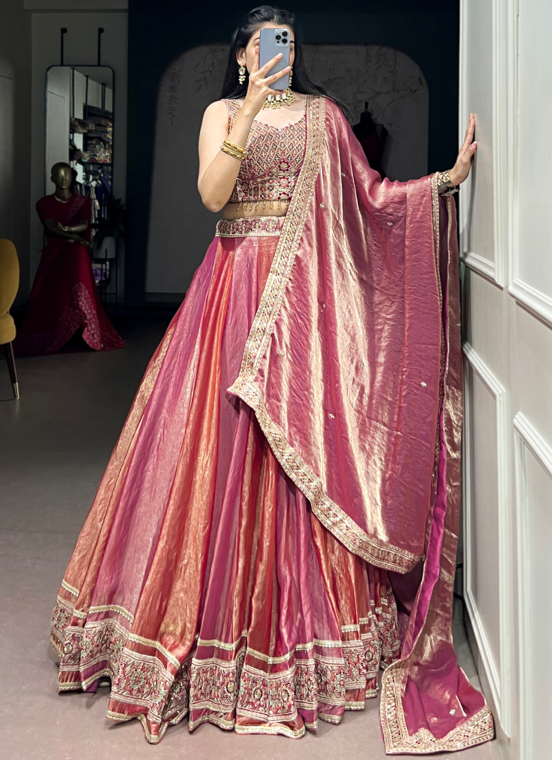 Fendi Silk Thread Sequence Embroidery Pink Lehenga Choli For Bridemaid