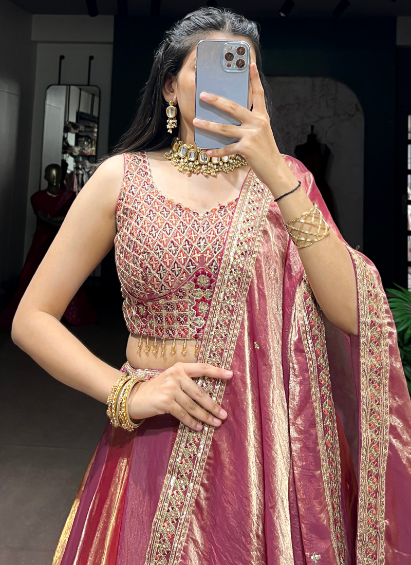 Fendi Silk Thread Sequence Embroidery Pink Lehenga Choli For Bridemaid