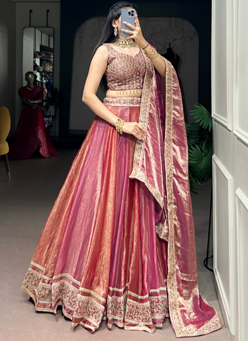 Fendi Silk Thread Sequence Embroidery Pink Lehenga Choli For Bridemaid
