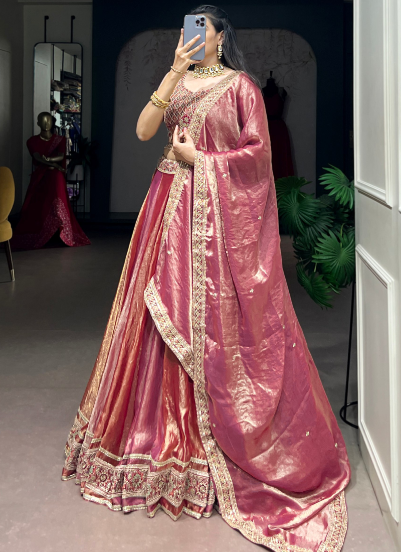 Fendi Silk Thread Sequence Embroidery Pink Lehenga Choli For Bridemaid