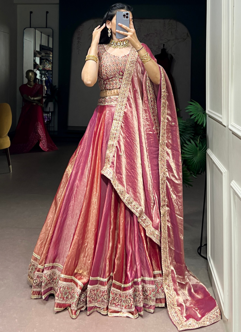 Fendi Silk Thread Sequence Embroidery Pink Lehenga Choli For Bridemaid