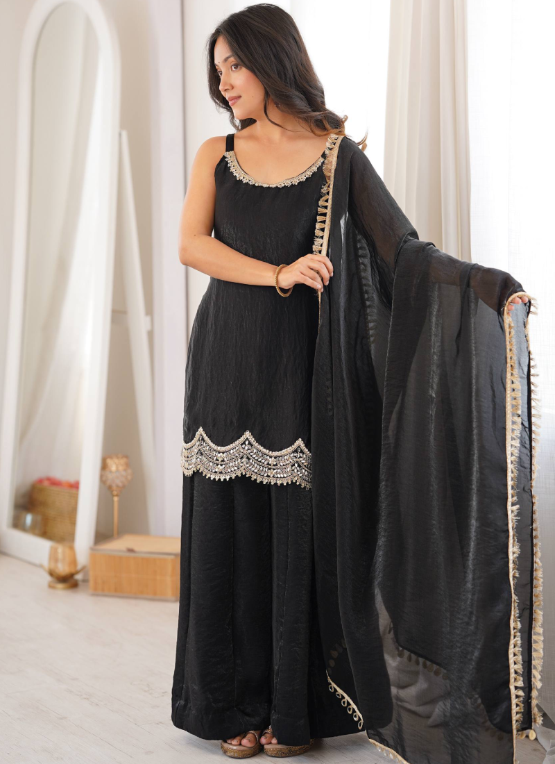 Fendy Silk Embroidery With Real Mirror Work Black Sharara Suit Set