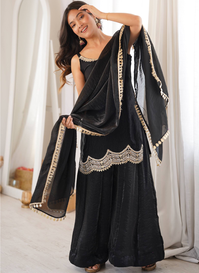 Fendy Silk Embroidery With Real Mirror Work Black Sharara Suit Set