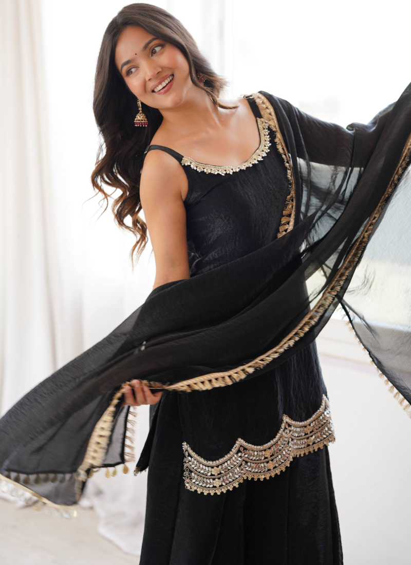 Fendy Silk Embroidery With Real Mirror Work Black Sharara Suit Set