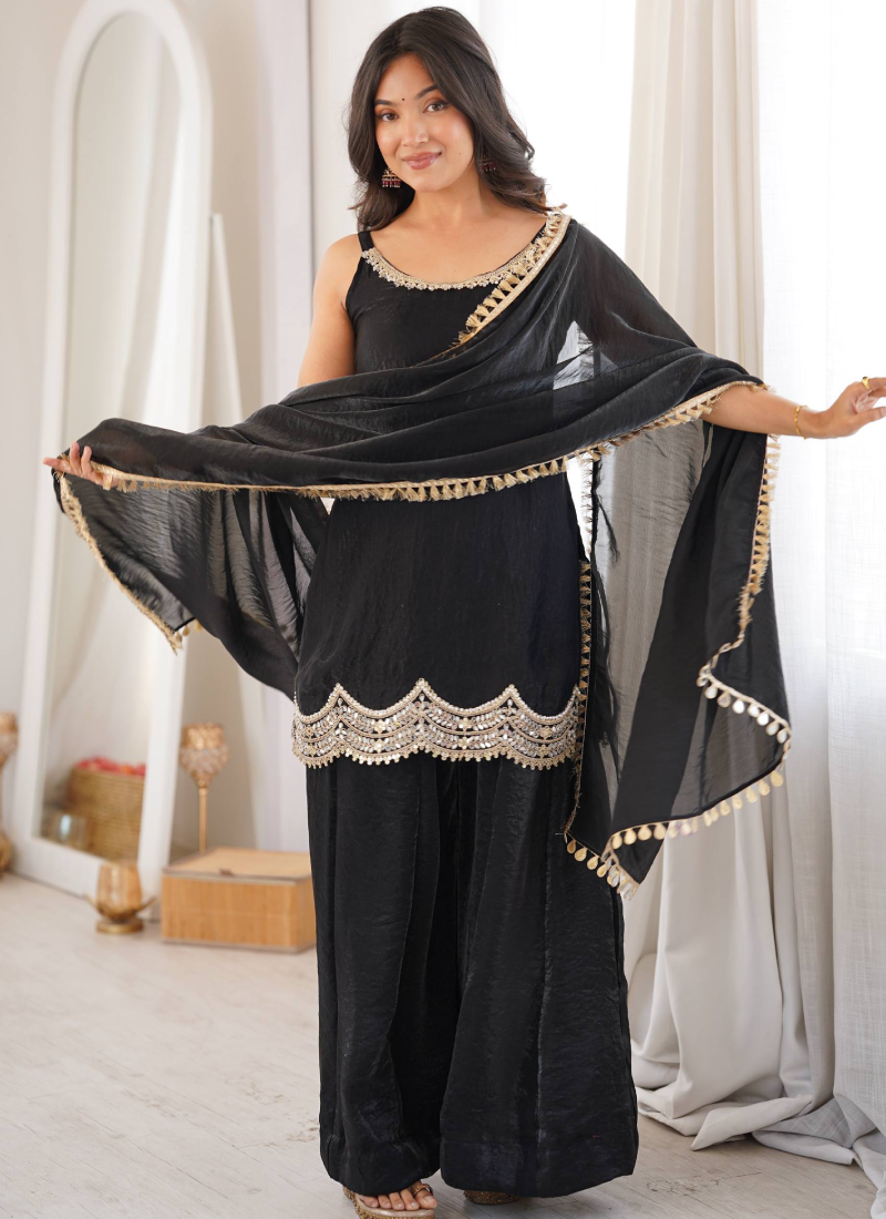 Fendy Silk Embroidery With Real Mirror Work Black Sharara Suit Set