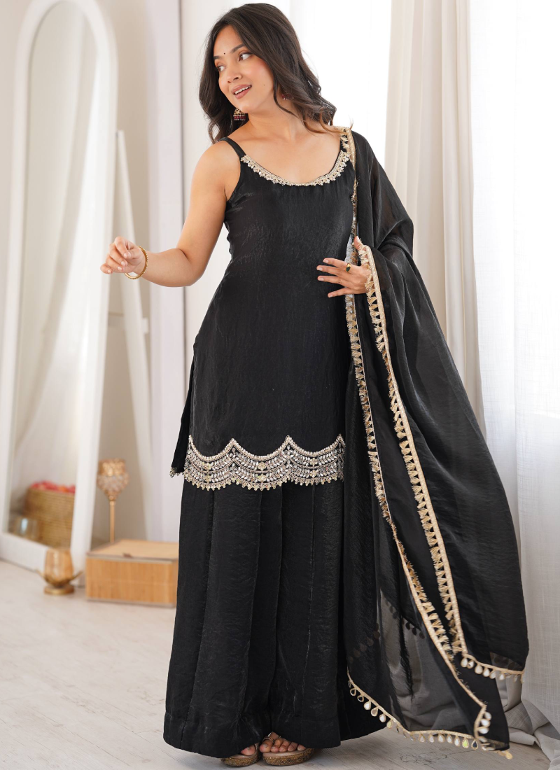 Fendy Silk Embroidery With Real Mirror Work Black Sharara Suit Set