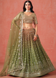 Festival Mehndi Green Sequence Embroidery Georgette Lehenga Choli
