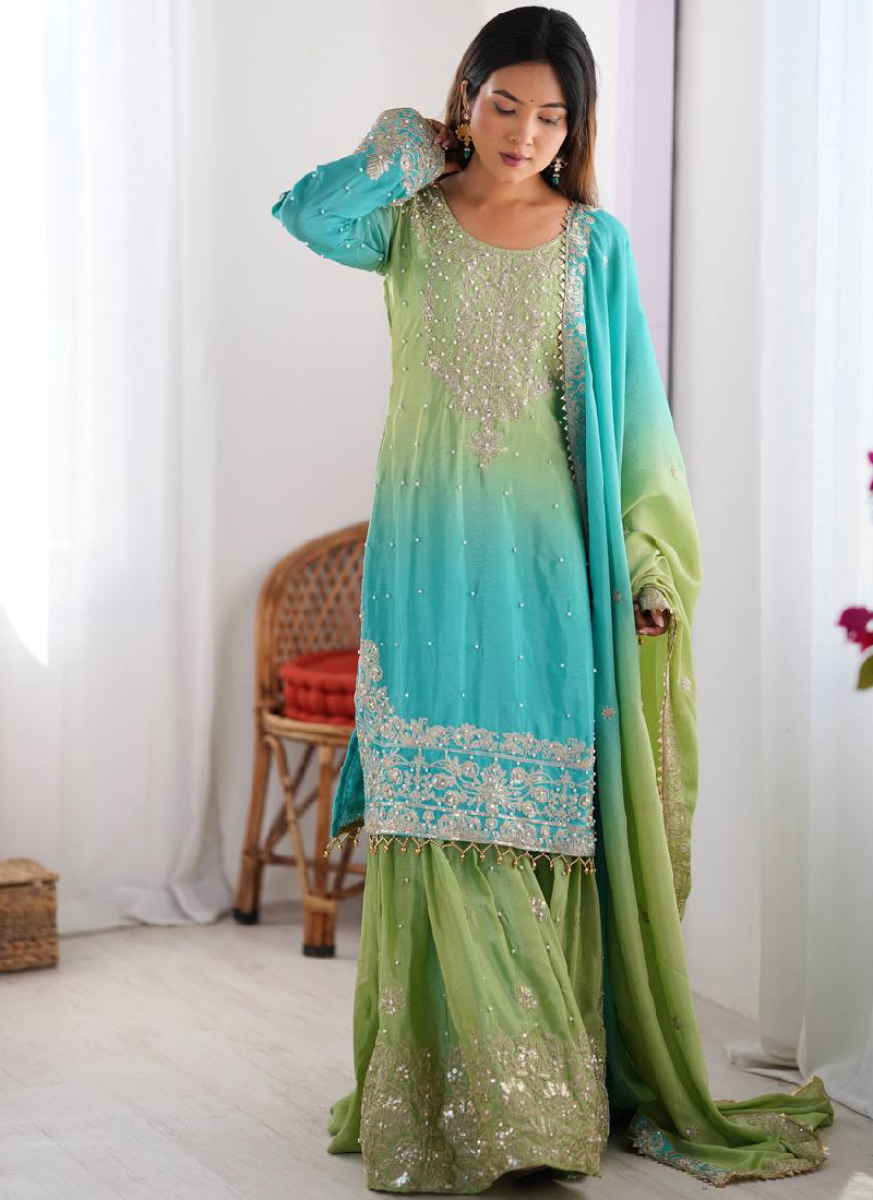 Festival Wear Chinon Silk Dori Work Sky Blue Top Bottom With Dupatta