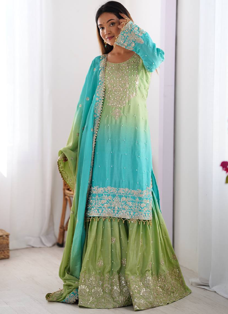 Festival Wear Chinon Silk Dori Work Sky Blue Top Bottom With Dupatta