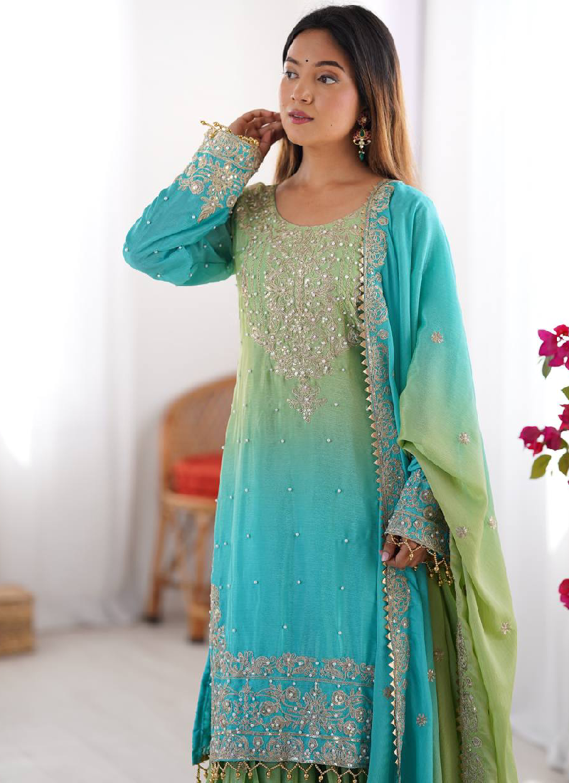 Festival Wear Chinon Silk Dori Work Sky Blue Top Bottom With Dupatta