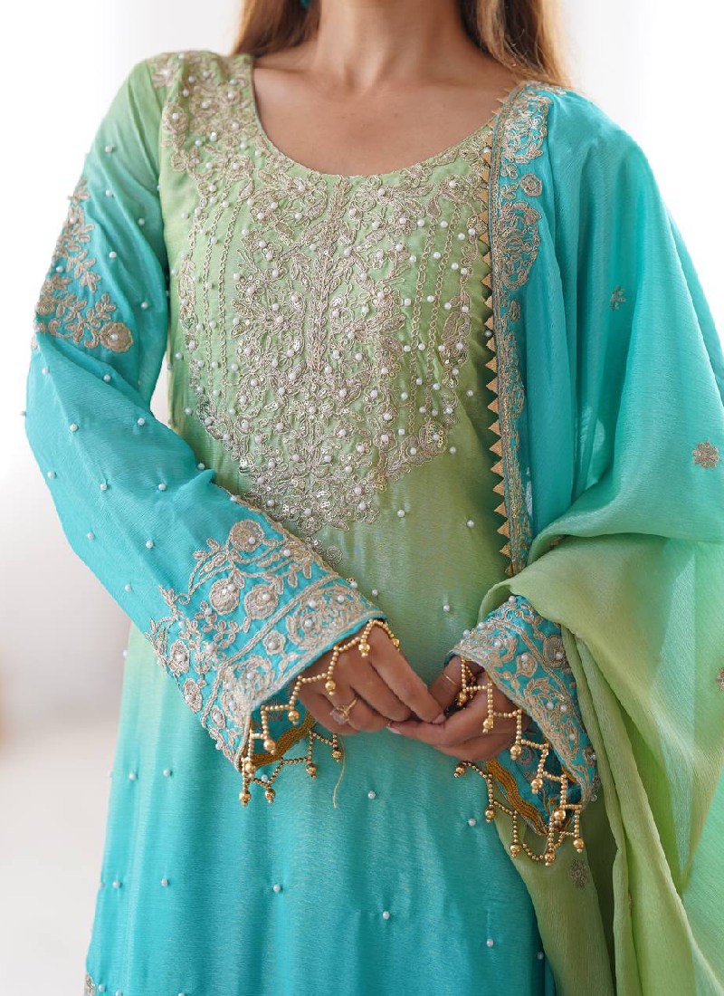 Festival Wear Chinon Silk Dori Work Sky Blue Top Bottom With Dupatta