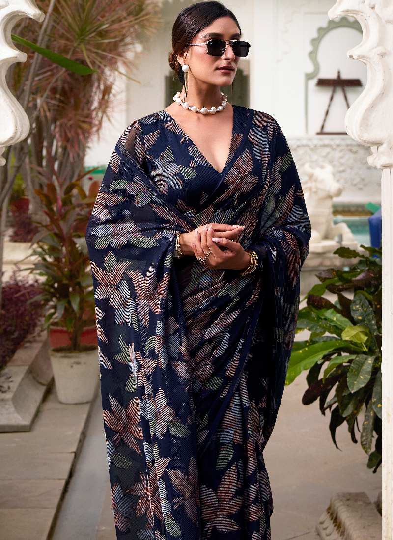 Festival Wear Floral Design Viscose Brasso Navy Blue Saree With Blouse