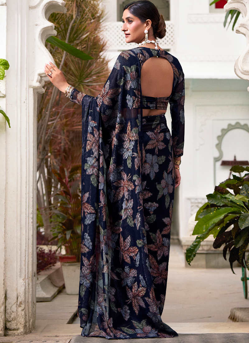 Festival Wear Floral Design Viscose Brasso Navy Blue Saree With Blouse
