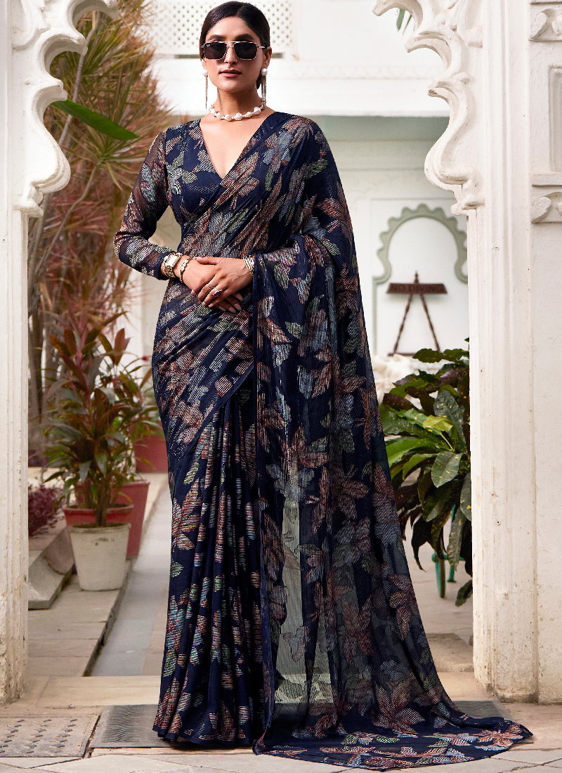 Festival Wear Floral Design Viscose Brasso Navy Blue Saree With Blouse