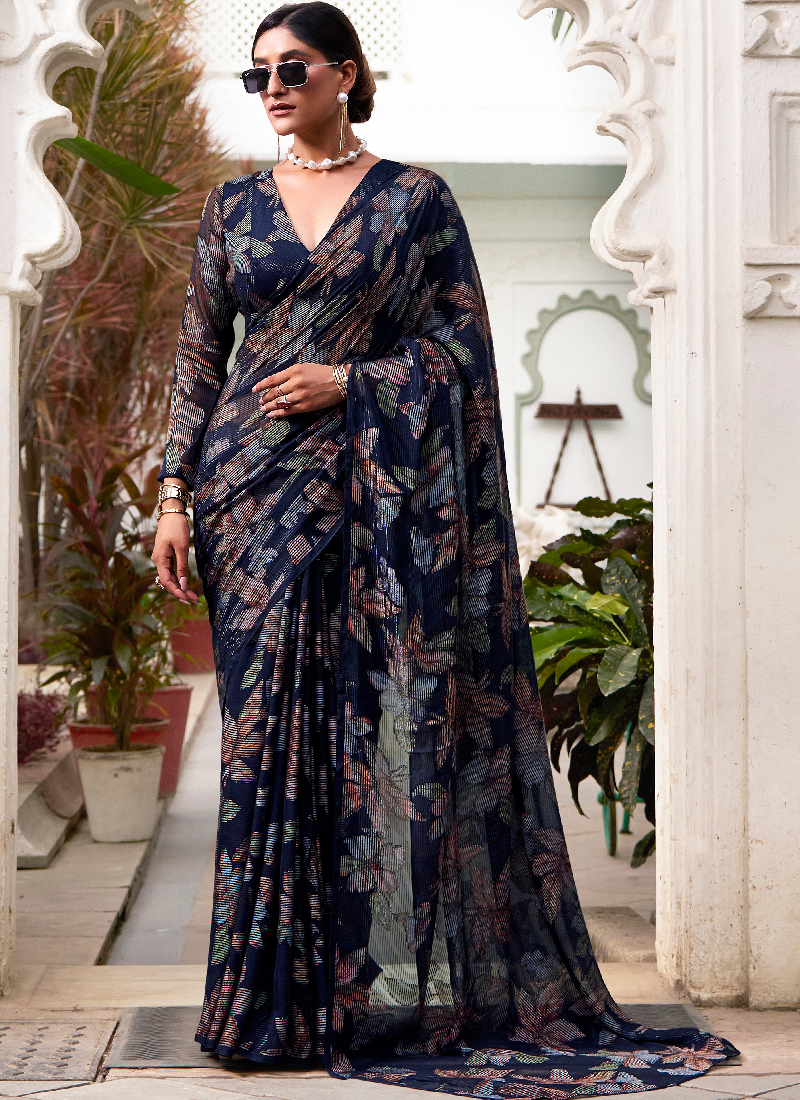 Festival Wear Floral Design Viscose Brasso Navy Blue Saree With Blouse