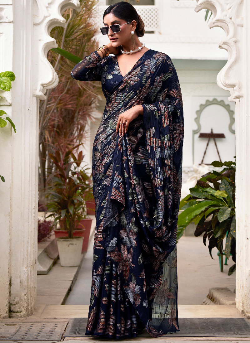Festival Wear Floral Design Viscose Brasso Navy Blue Saree With Blouse