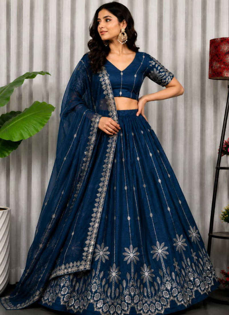 Festive Blue Chinon Lehenga Set With Sequence And Thread Work
