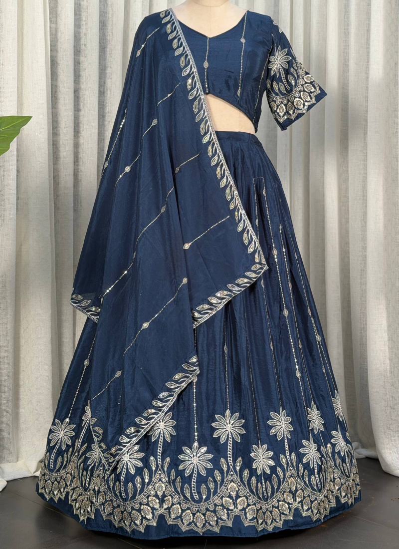 Festive Blue Chinon Lehenga Set With Sequence And Thread Work