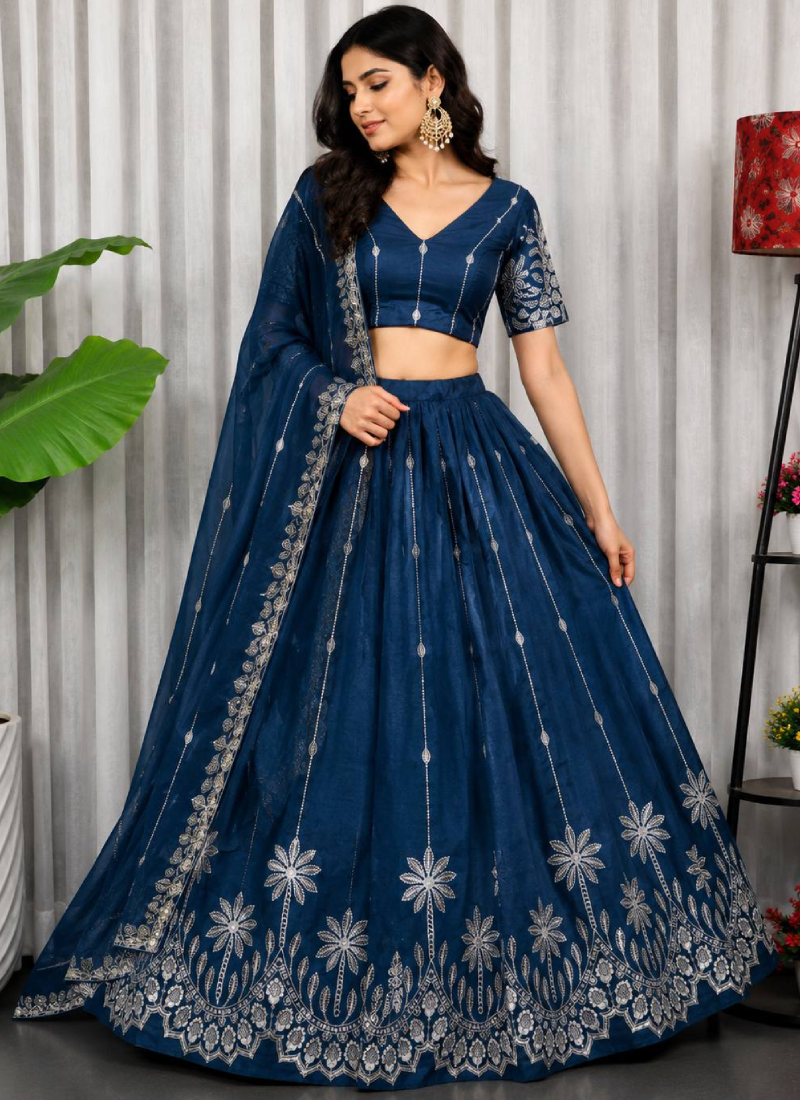 Festive Blue Chinon Lehenga Set With Sequence And Thread Work