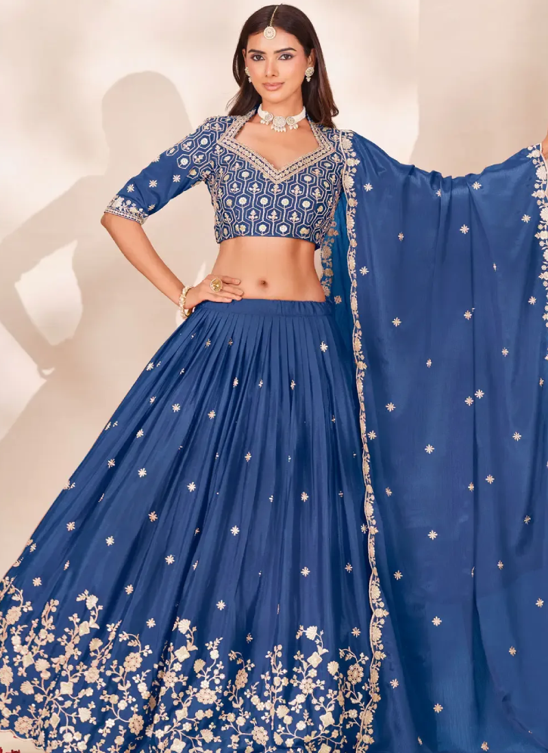 Festive Style Thread Heavy Embroidered Blue Chinon Lehenga Choli Set