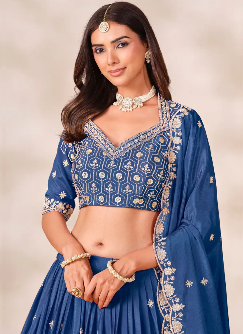 Festive Style Thread Heavy Embroidered Blue Chinon Lehenga Choli Set