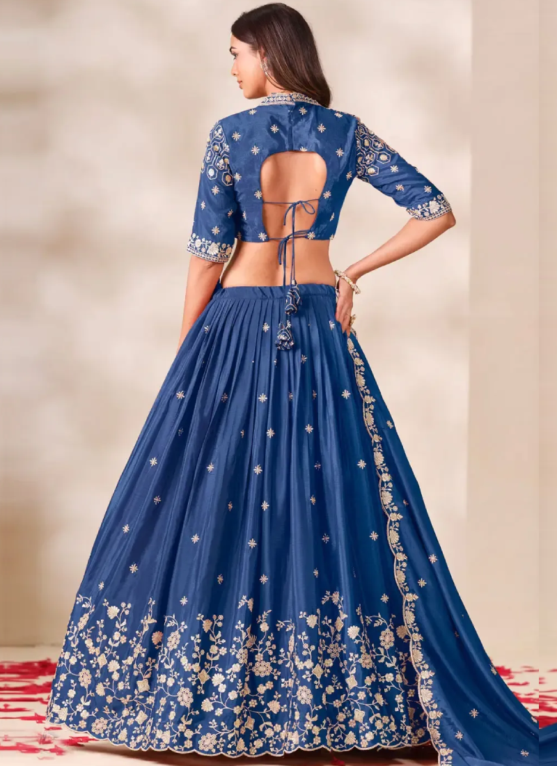 Festive Style Thread Heavy Embroidered Blue Chinon Lehenga Choli Set