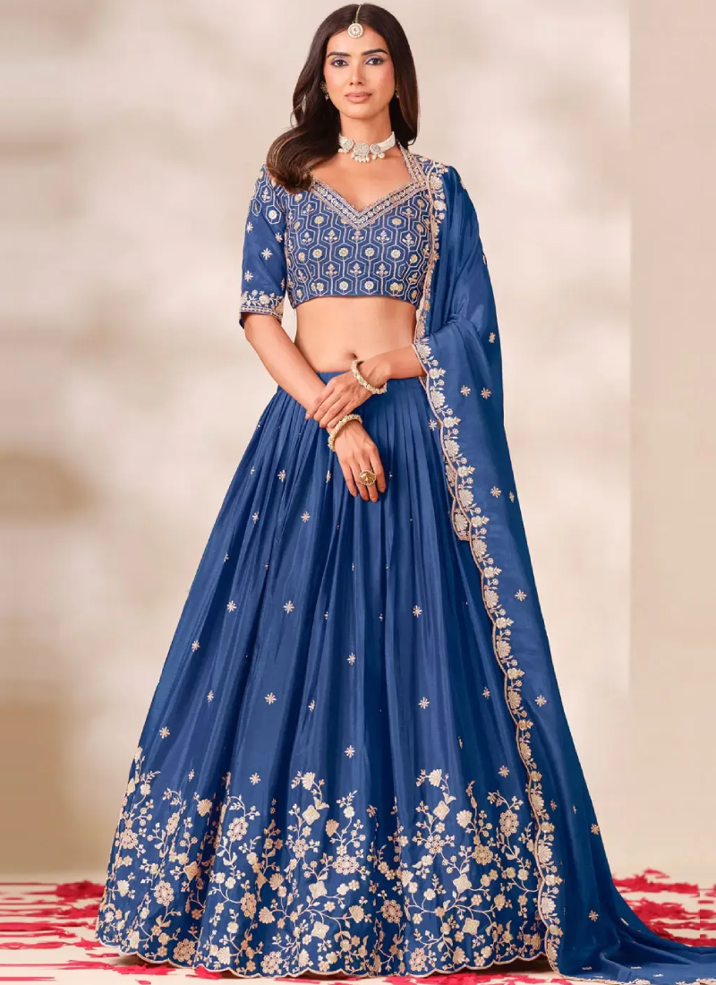 Festive Style Thread Heavy Embroidered Blue Chinon Lehenga Choli Set