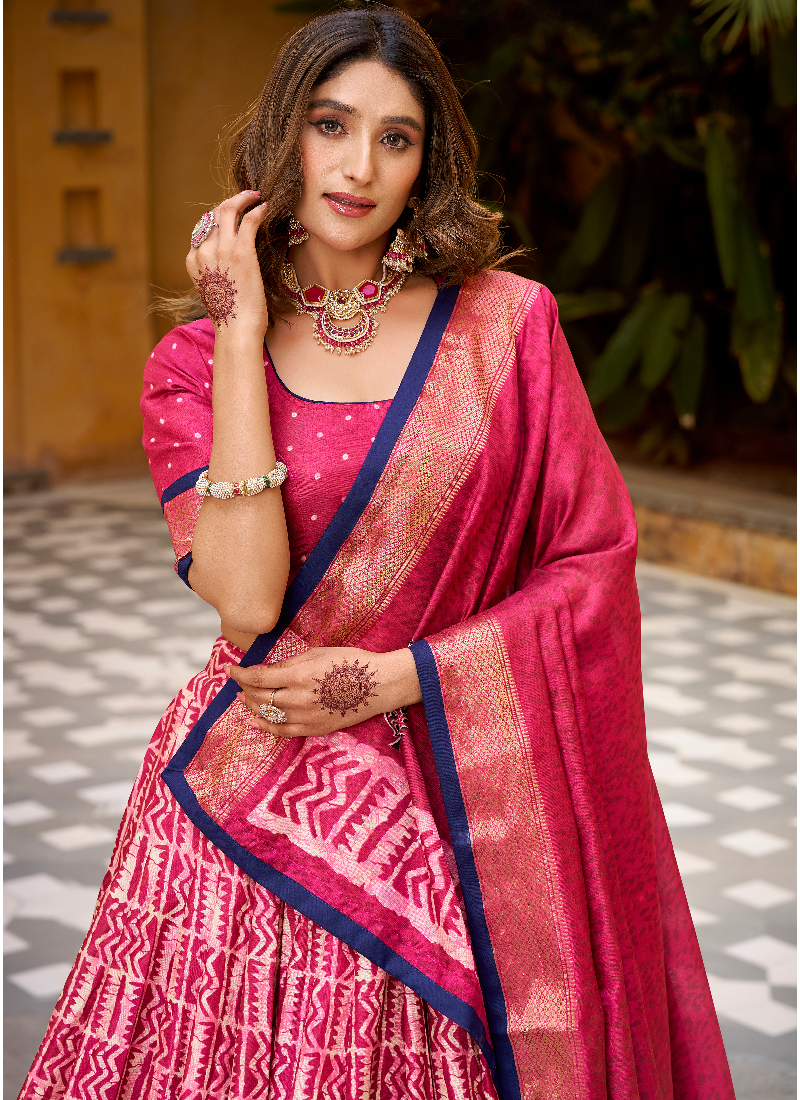 Festive Wear Dola Silk Zari Weaving With Batik Print Pink Lehenga Choli