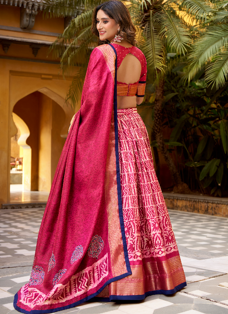 Festive Wear Dola Silk Zari Weaving With Batik Print Pink Lehenga Choli