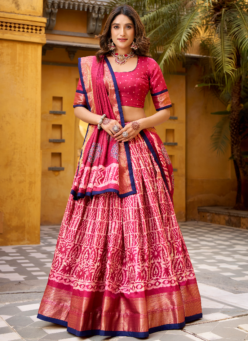 Festive Wear Dola Silk Zari Weaving With Batik Print Pink Lehenga Choli