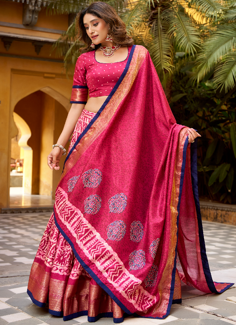 Festive Wear Dola Silk Zari Weaving With Batik Print Pink Lehenga Choli