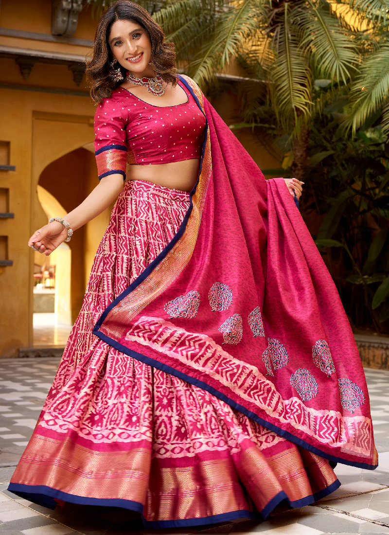 Festive Wear Dola Silk Zari Weaving With Batik Print Pink Lehenga Choli