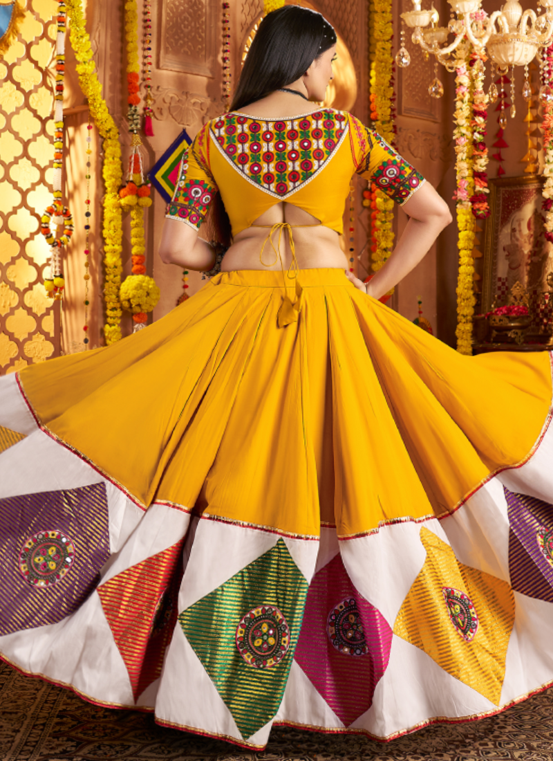 Festive Wear Ganthi Real Mirror Viscose Cotton Yellow Lehenga Choli