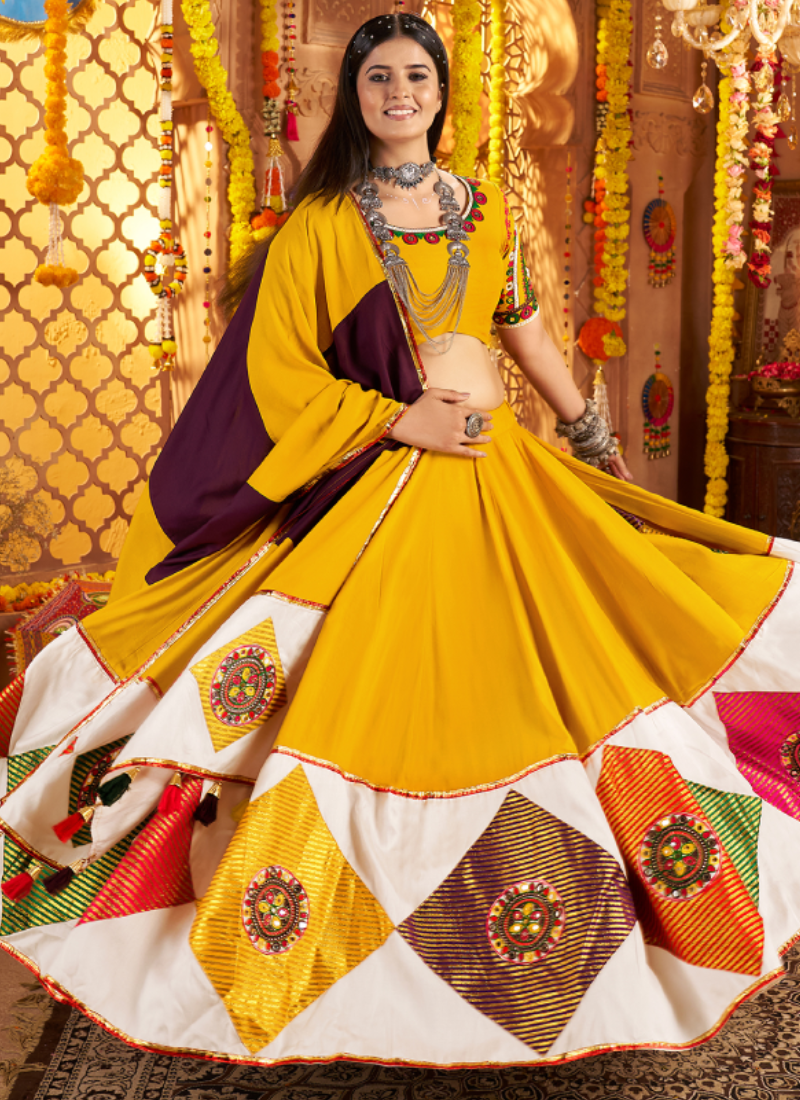 Festive Wear Ganthi Real Mirror Viscose Cotton Yellow Lehenga Choli