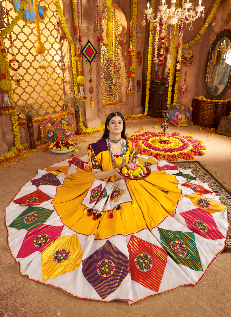 Festive Wear Ganthi Real Mirror Viscose Cotton Yellow Lehenga Choli
