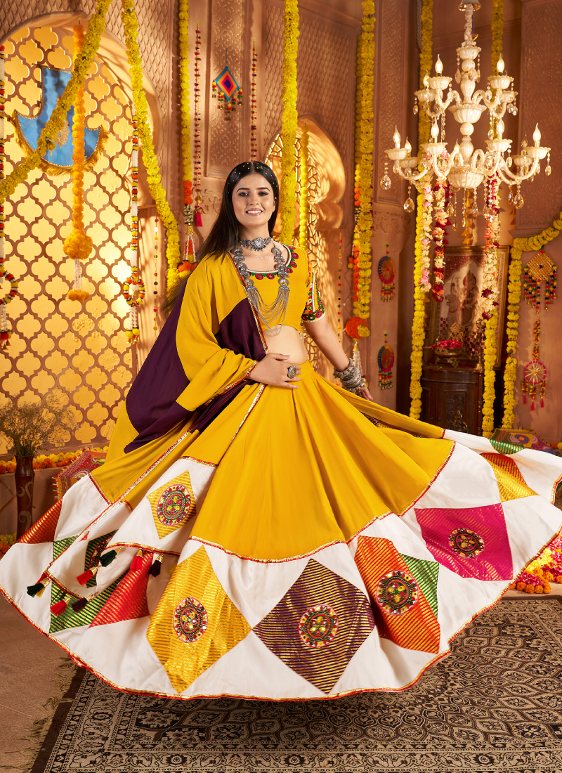 Festive Wear Ganthi Real Mirror Viscose Cotton Yellow Lehenga Choli