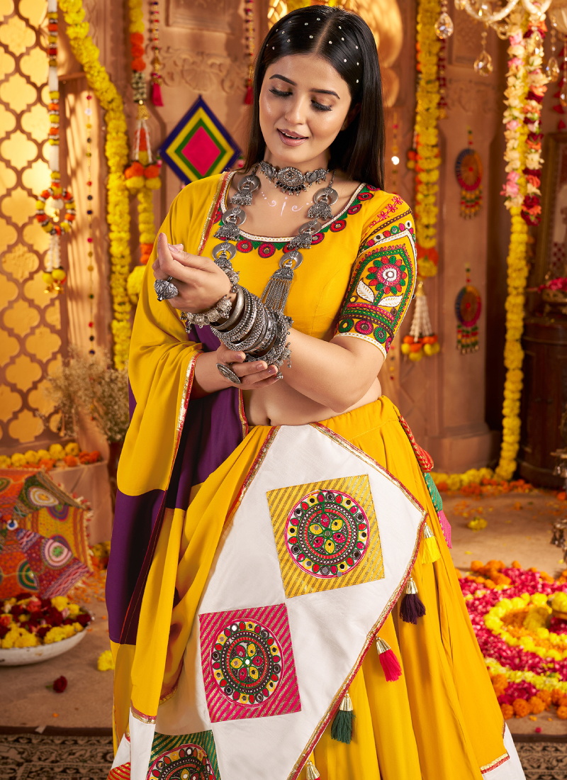 Festive Wear Ganthi Real Mirror Viscose Cotton Yellow Lehenga Choli