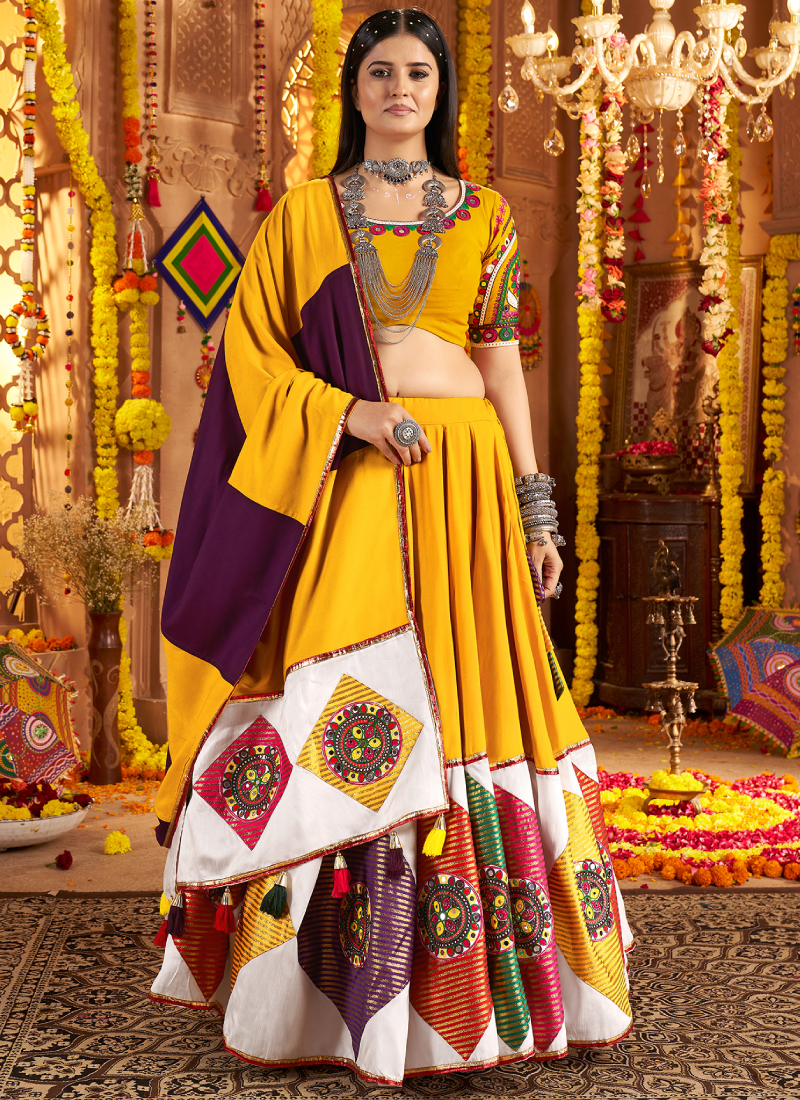 Festive Wear Ganthi Real Mirror Viscose Cotton Yellow Lehenga Choli