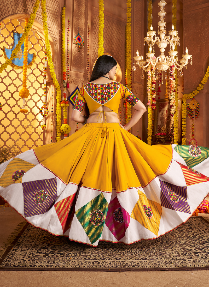 Festive Wear Ganthi Real Mirror Viscose Cotton Yellow Lehenga Choli