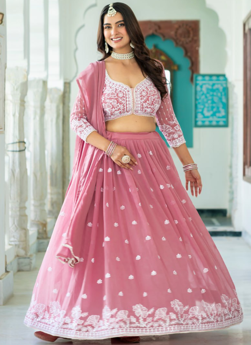 Festive Wear Thread Embroidered Rose Pink Faux Georgette Lehenga Choli