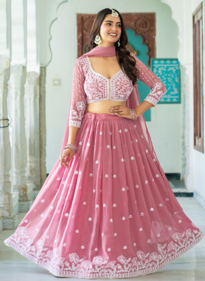 Festive Wear Thread Embroidered Rose Pink Faux Georgette Lehenga Choli