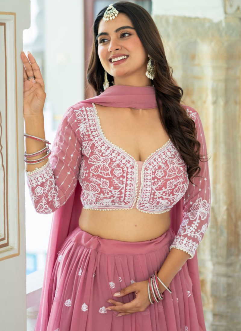 Festive Wear Thread Embroidered Rose Pink Faux Georgette Lehenga Choli