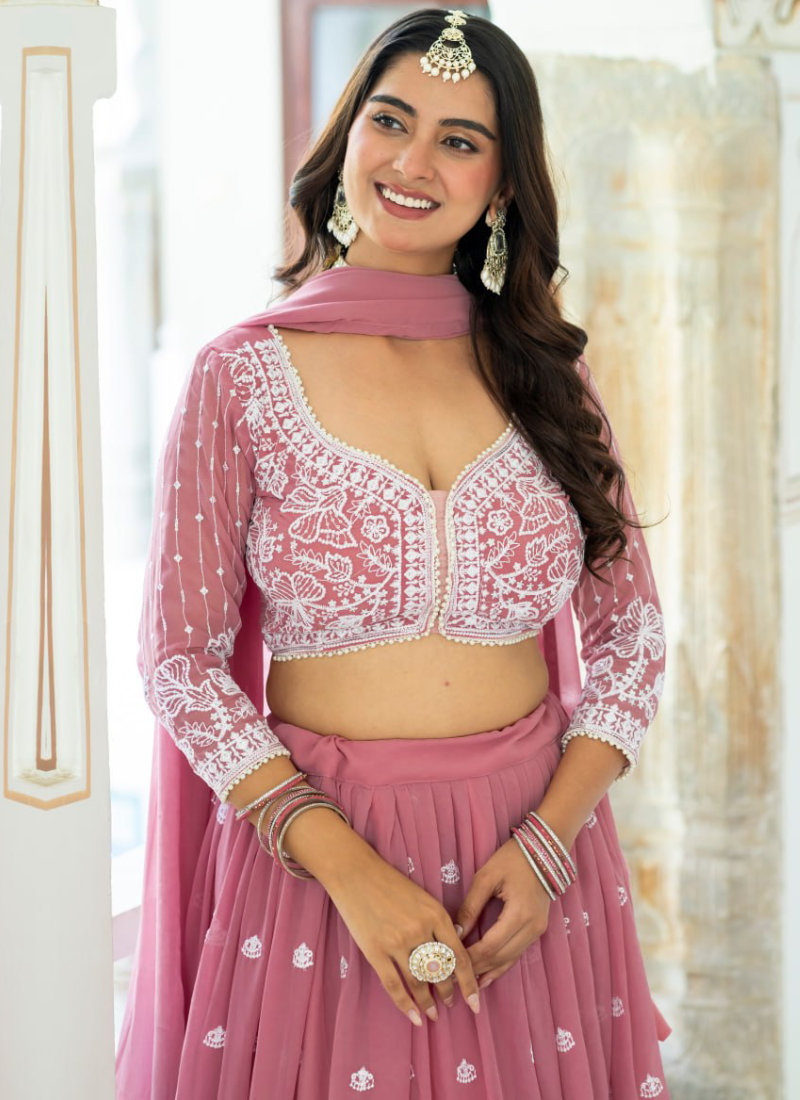 Festive Wear Thread Embroidered Rose Pink Faux Georgette Lehenga Choli
