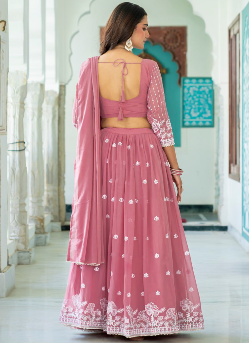 Festive Wear Thread Embroidered Rose Pink Faux Georgette Lehenga Choli