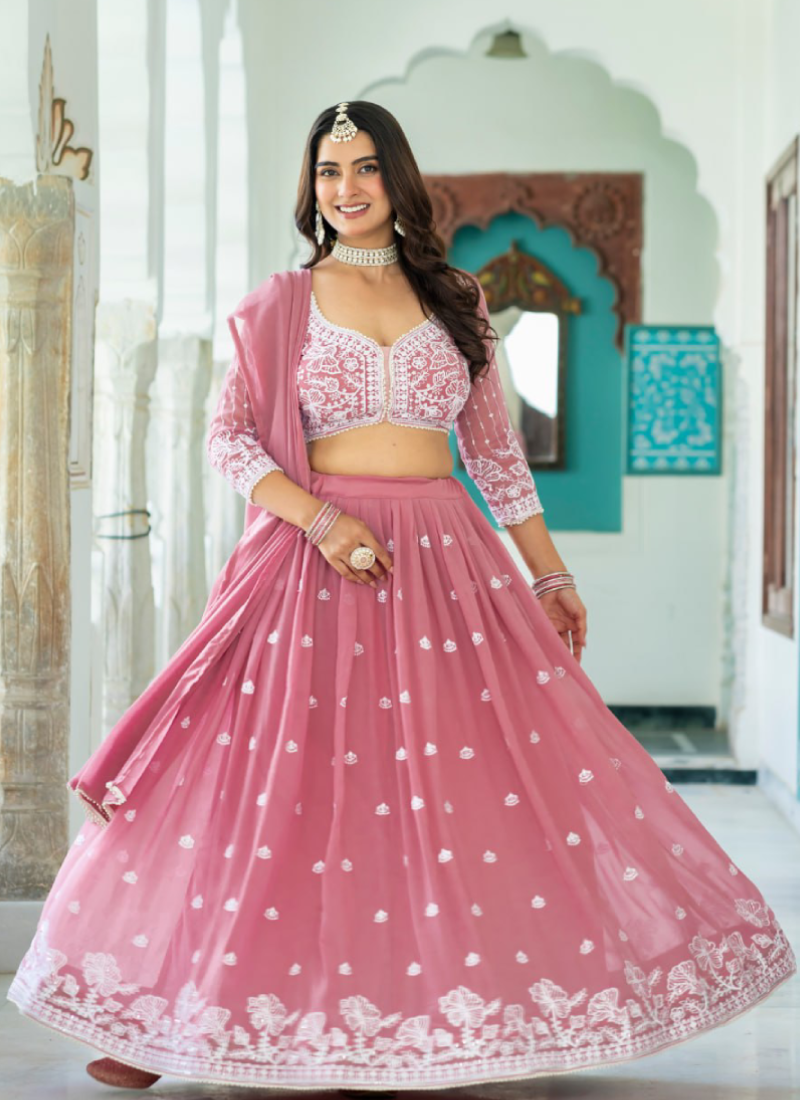 Festive Wear Thread Embroidered Rose Pink Faux Georgette Lehenga Choli